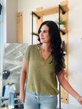 Split Neck Short Sleeve Knit Pullover - Light Olive