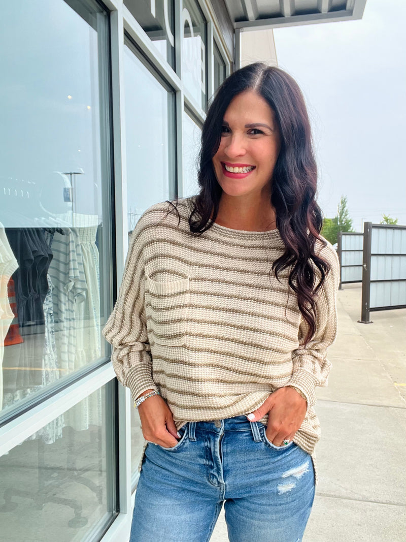 Waffle Knit Dolman Sweater - Olive