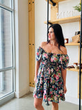 Floral Front Tie Tiered Mini Dress in Navy