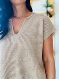 Split Neck Short Sleeve Knit Pullover - Light Khaki