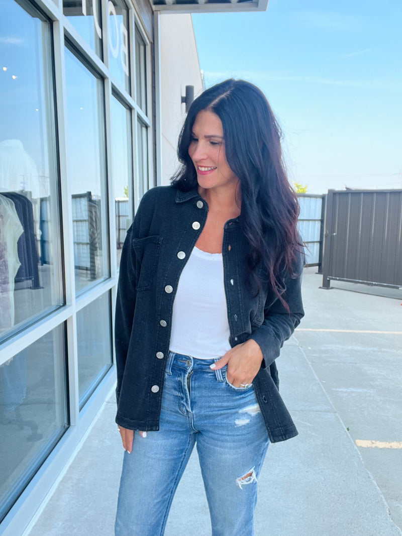 Cotton Fleece Oversized Denim-ish Shacket - Charcoal