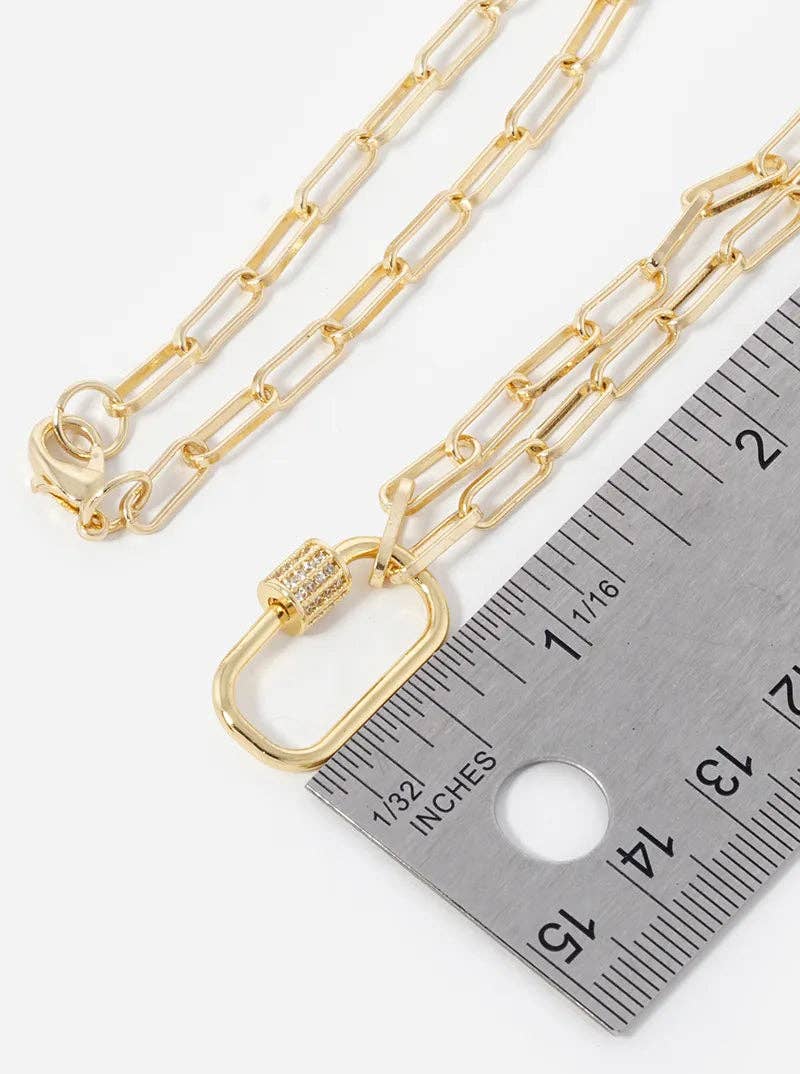 18K Gold Dipped Cz Pave Carabiner Pendant Chain Necklace: Gold