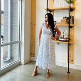 Floral V Neck Smocked Midi Dress - Blue Floral