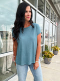 Linen Blend Cap Sleeve Boxy Tee - Teal