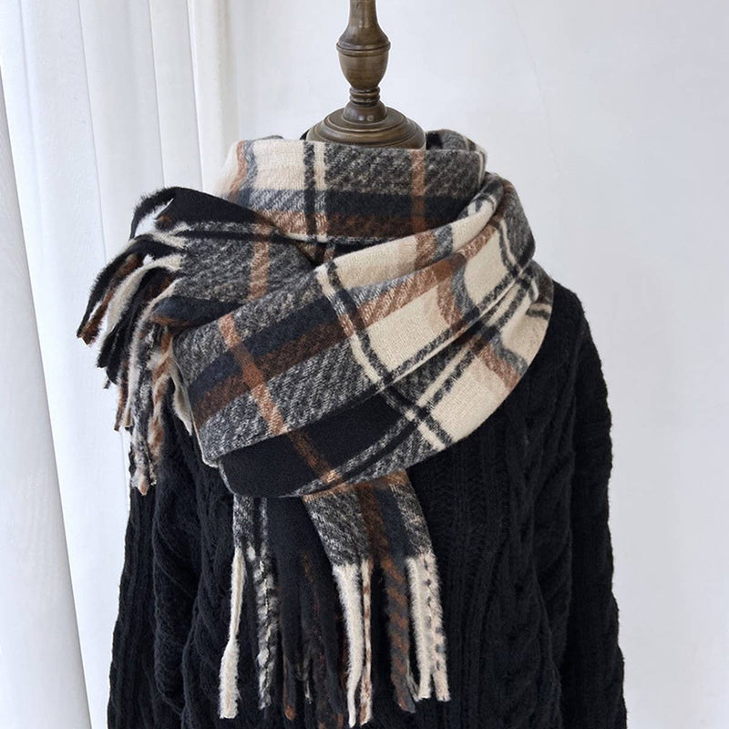 PLAID SHAWL TASSEL NECK SCARF Black