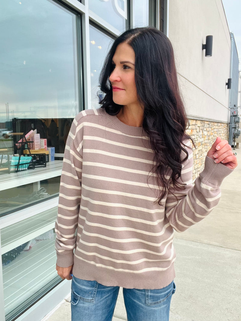 Striped Raglan Sleeve Sweater - Light Mocha