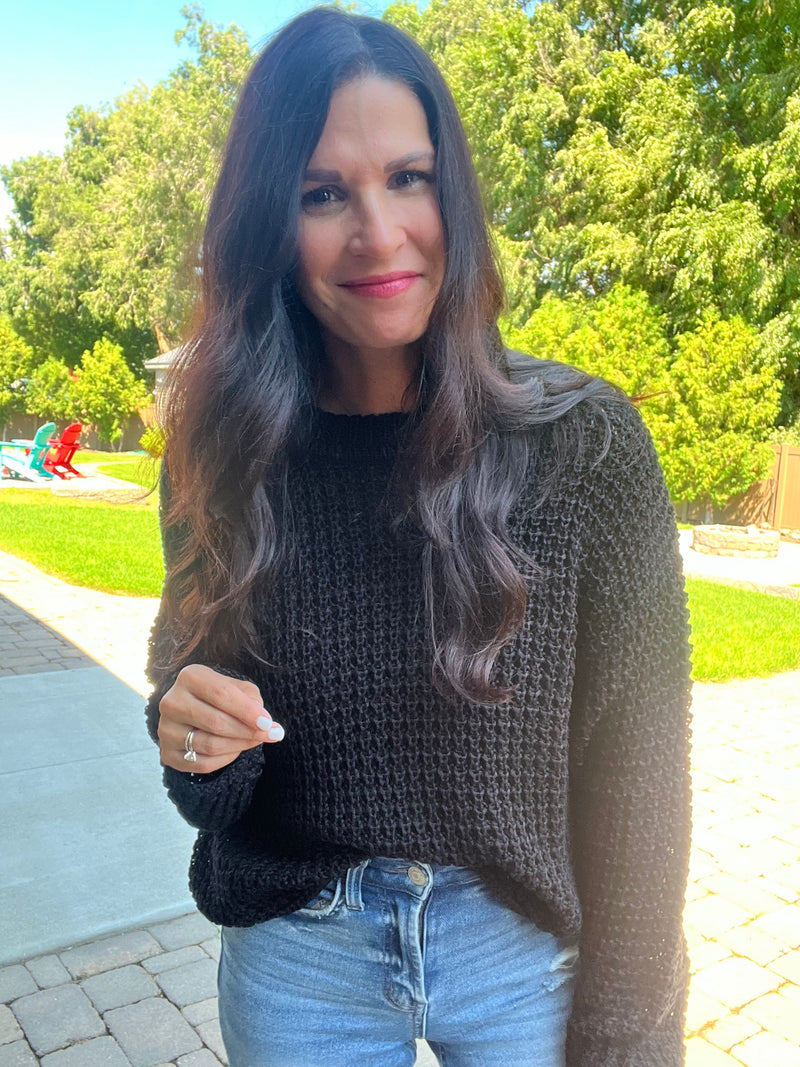 Crochet Crew Neck Sweater - Black