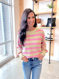 Crochet Multi Stripe Pullover in Sage + Pink