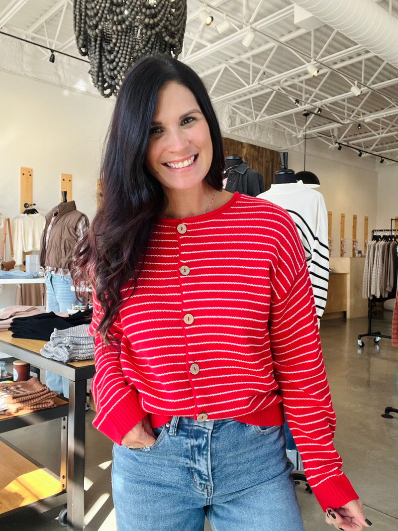 Stripe Button Down Cardigan - Red