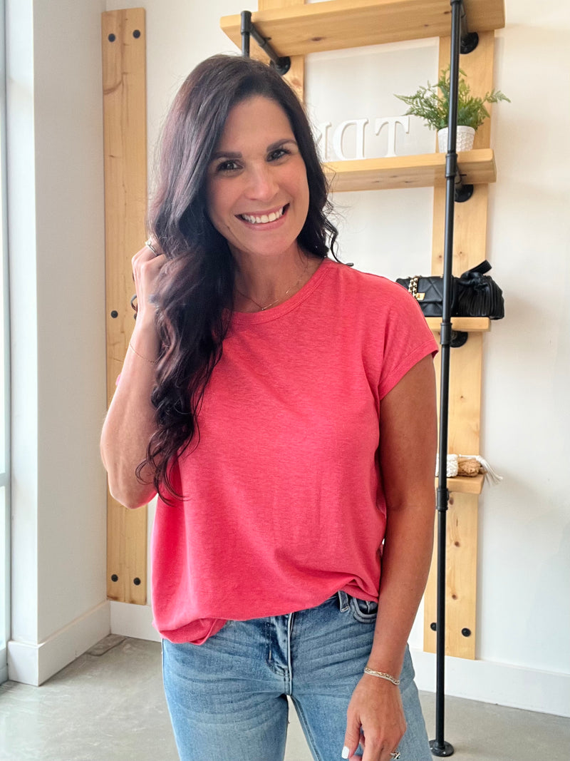 Linen Blend Cap Sleeve Boxy Tee - Guava Punch