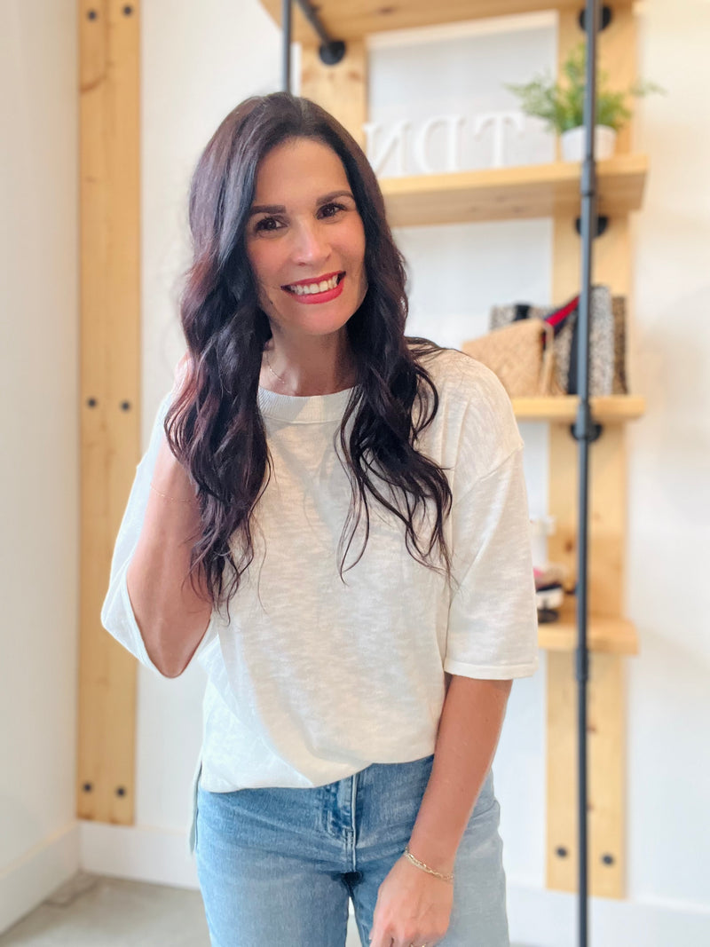 Short Sleeve Slub Sweater Top - Off White