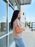 Mock Neck Pocket Detail Short Sleeve Sweater - Light Taupe