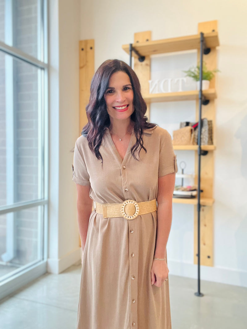 Collared Button Down Midi Dress - Tan
