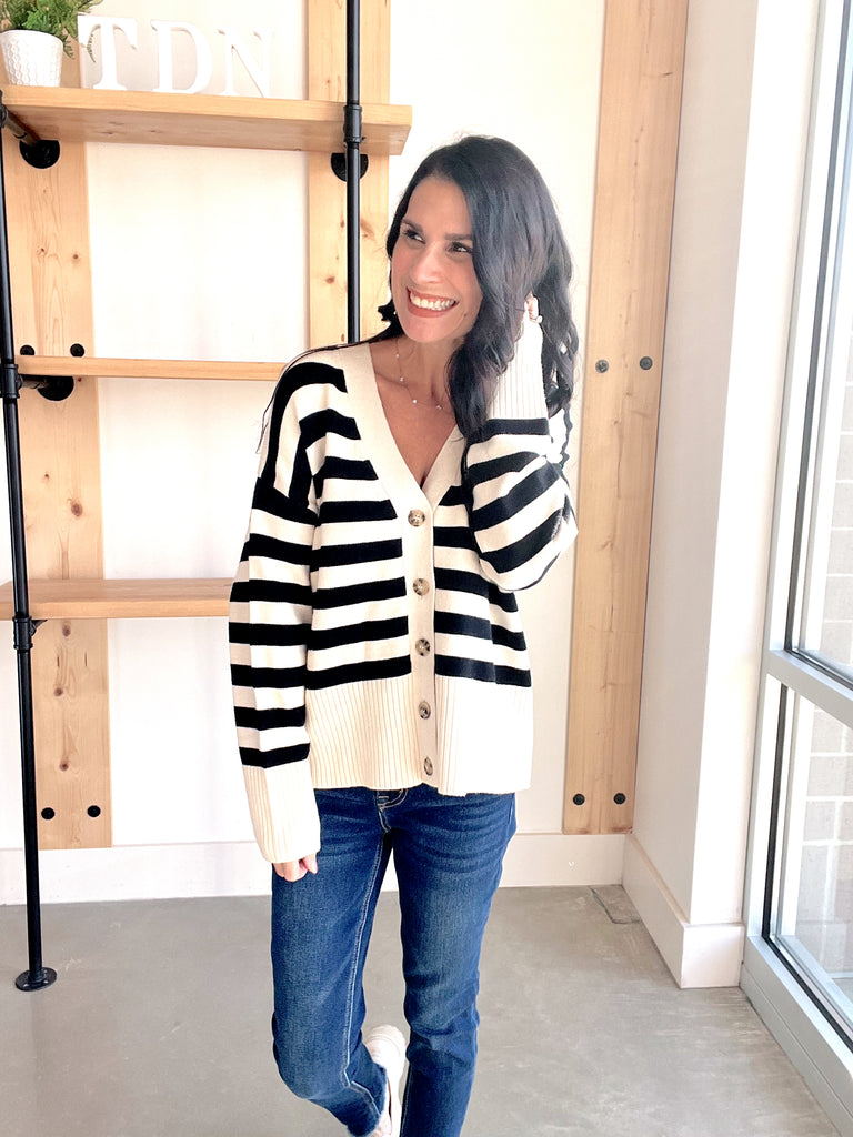 Striped Button Up Cardigan in Black + Ivory