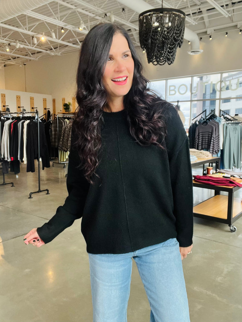 Crewneck Front Seam Sweater - Black