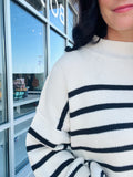 Stripe Mock Neck Drop Shoulder Sweater - Ivory/Black Stripe