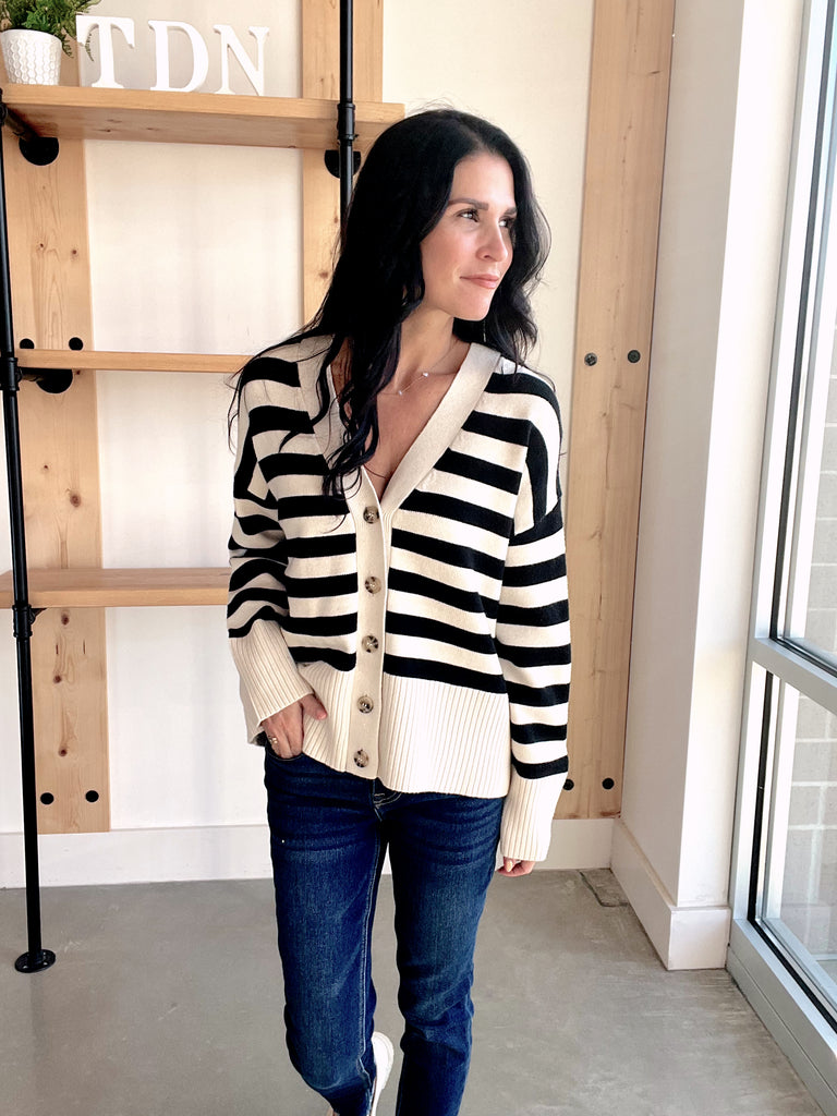Striped Button Up Cardigan in Black + Ivory