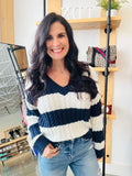 Stripe V Neck Cable Sweater - Navy
