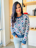 Flower Print Sweater in Denim Blue