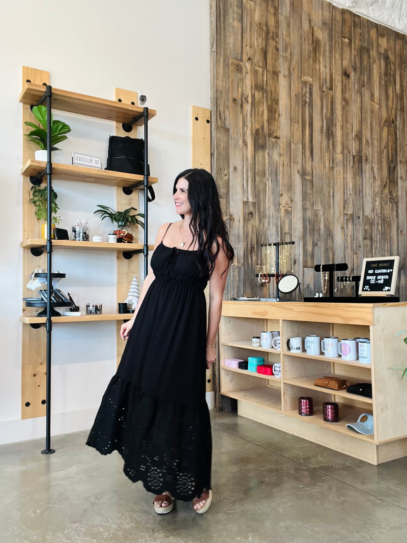 Eyelet Scalloped Hem Midi Dress - Black