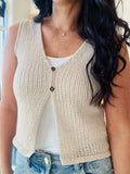 V Neck Front Button Crochet Vest - Natural