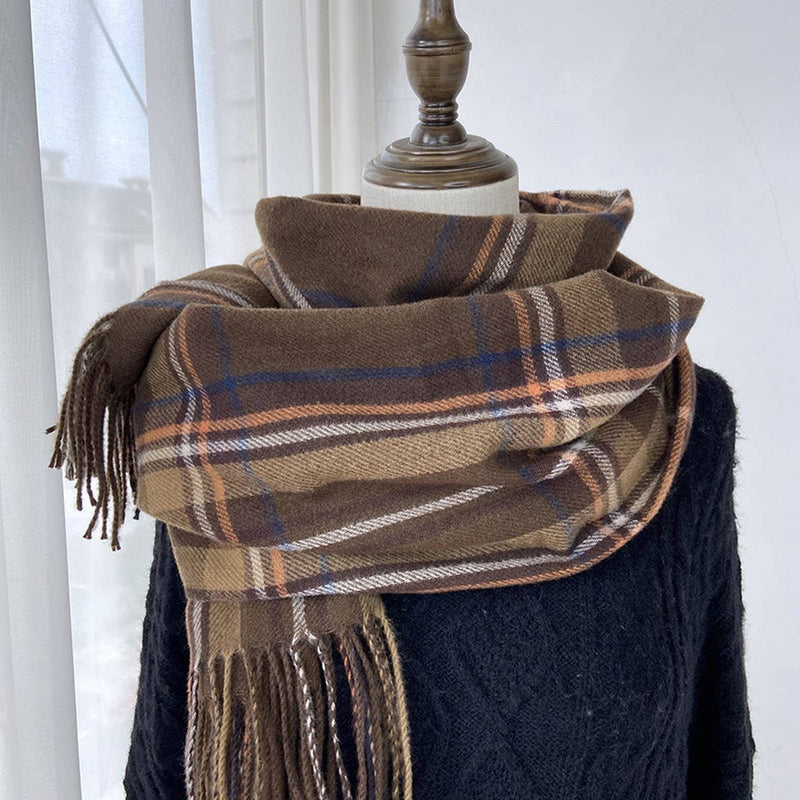 PLAID TASSEL SHAWL SCARF COFFEE