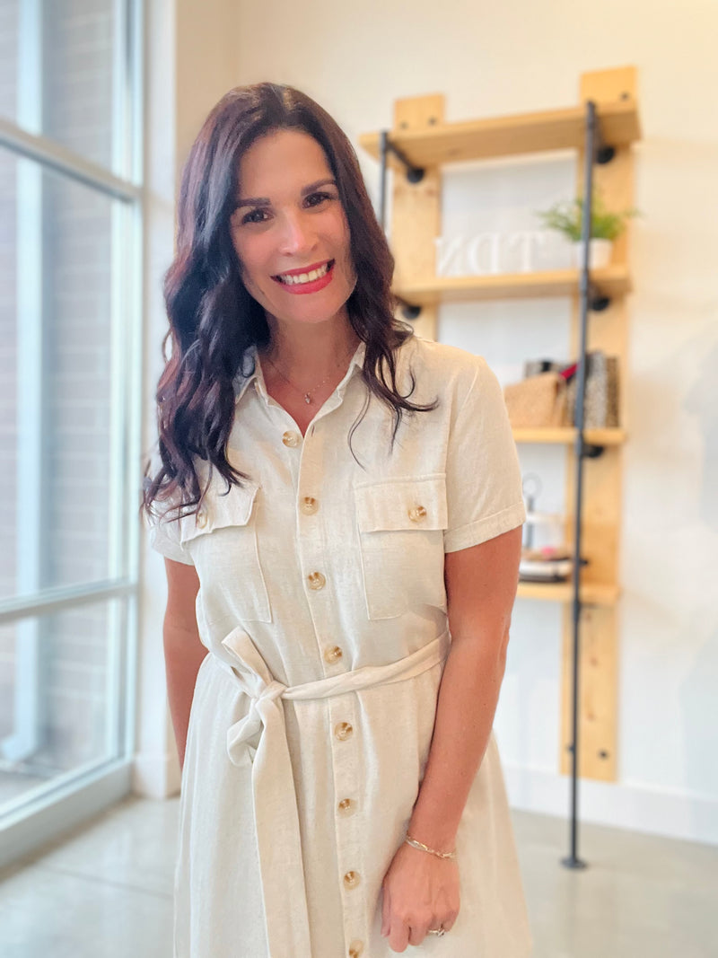Collared Button Down Mini Dress - Natural