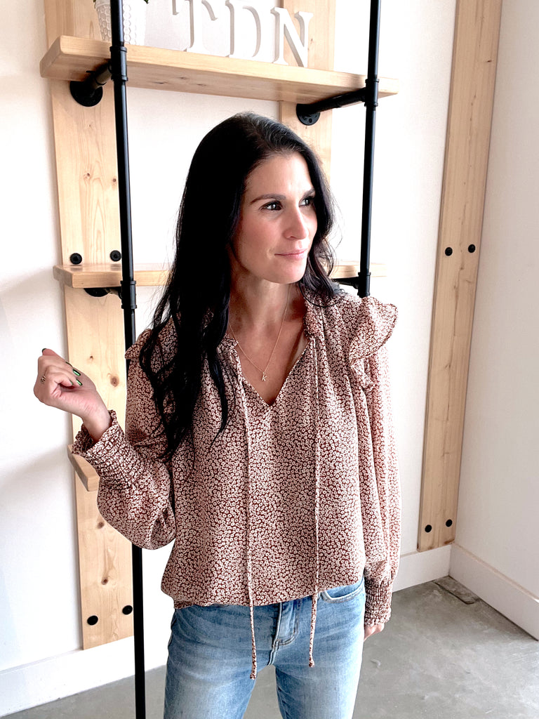 Brown + Ivory Ditsy Tie String Blouse