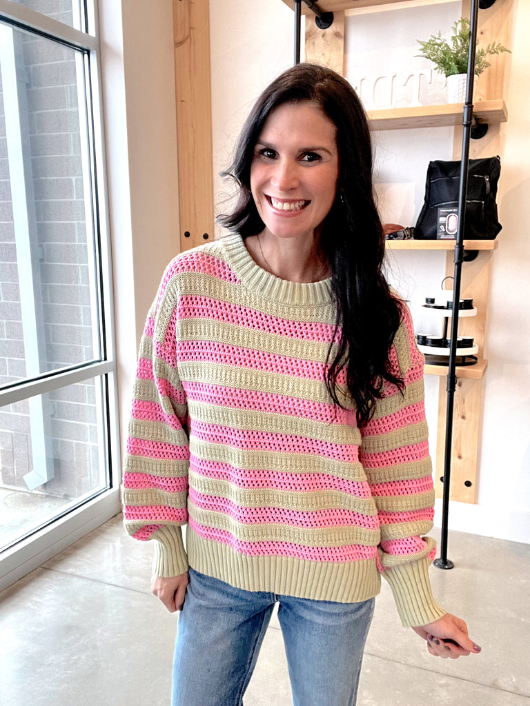Crochet Multi Stripe Pullover in Sage + Pink