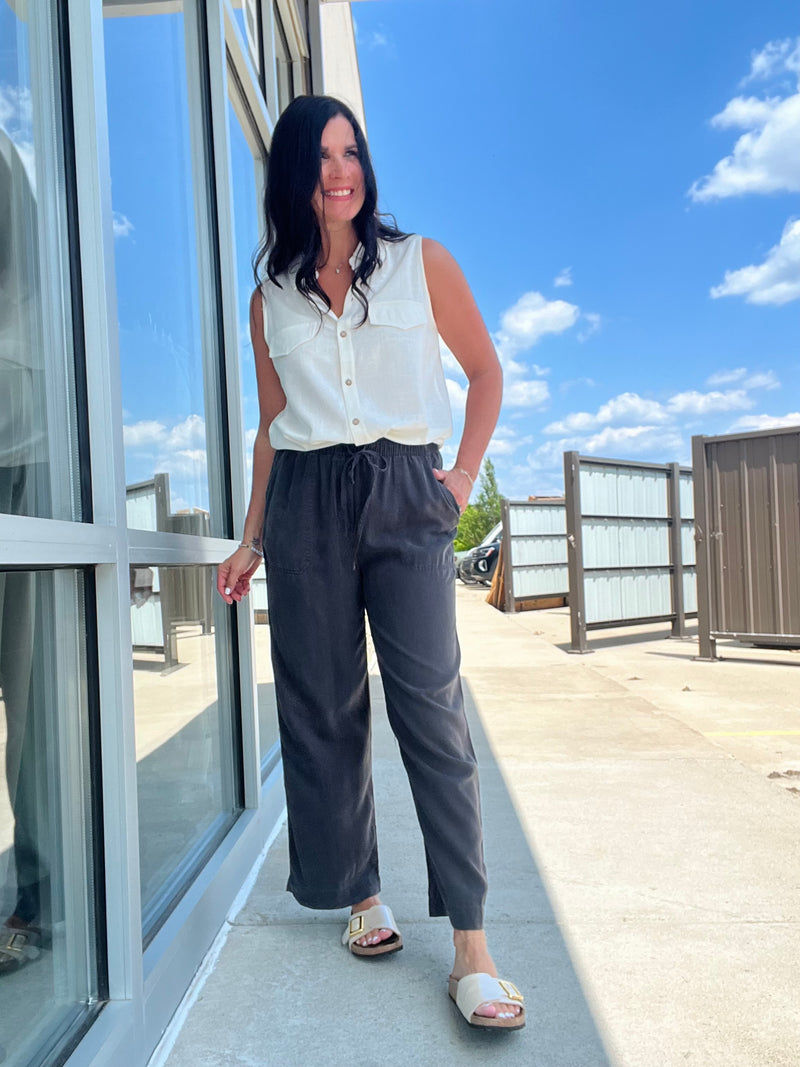 Tencel Wide Leg Crop Pants - Charcoal