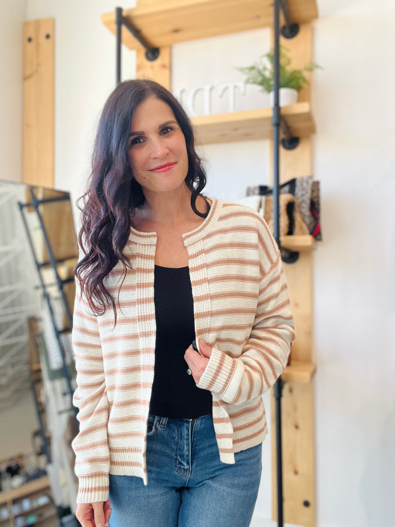 Striped Ribbed Cardigan in Mocha