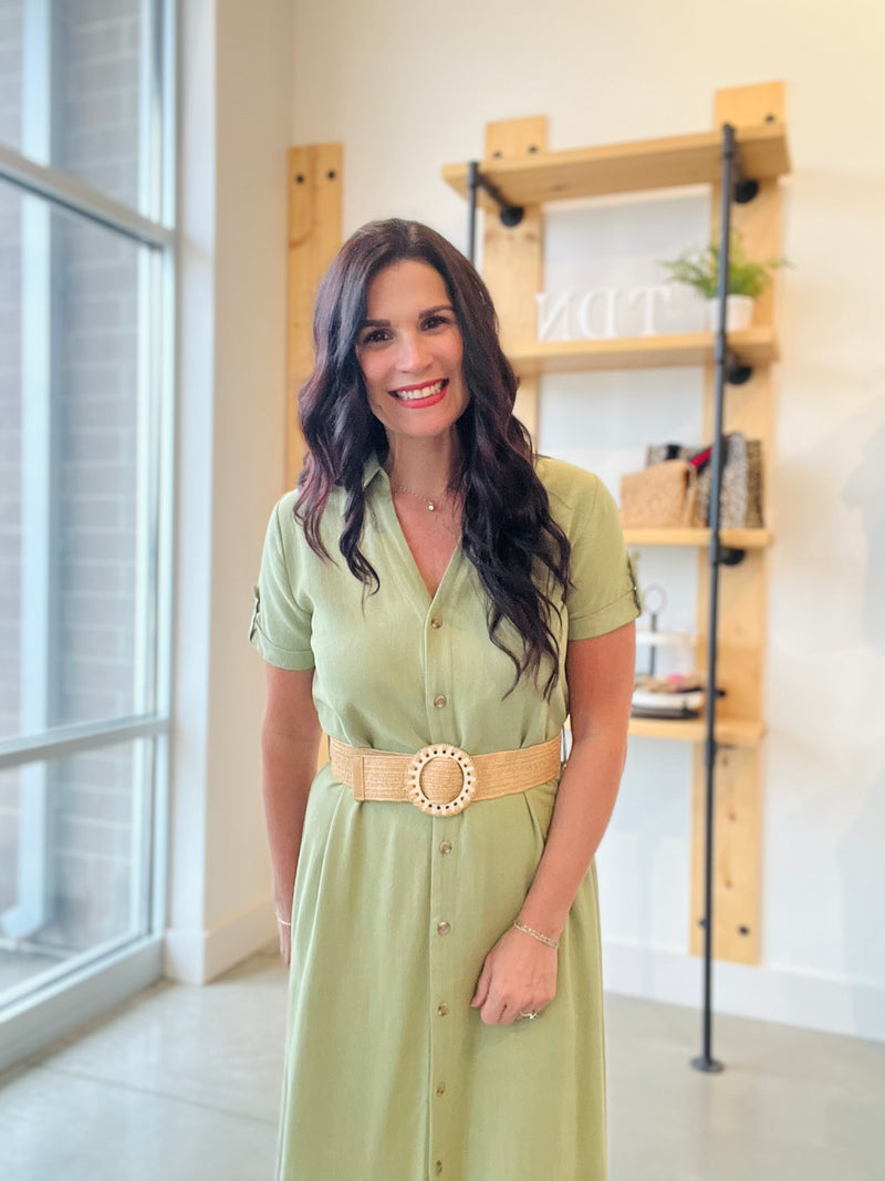 Collared Button Down Midi Dress - Sage