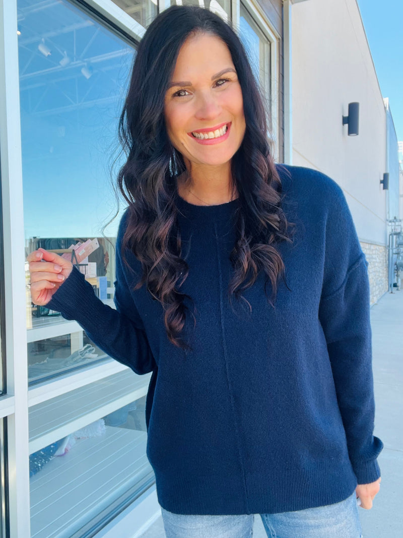 Crewneck Front Seam Sweater - Navy