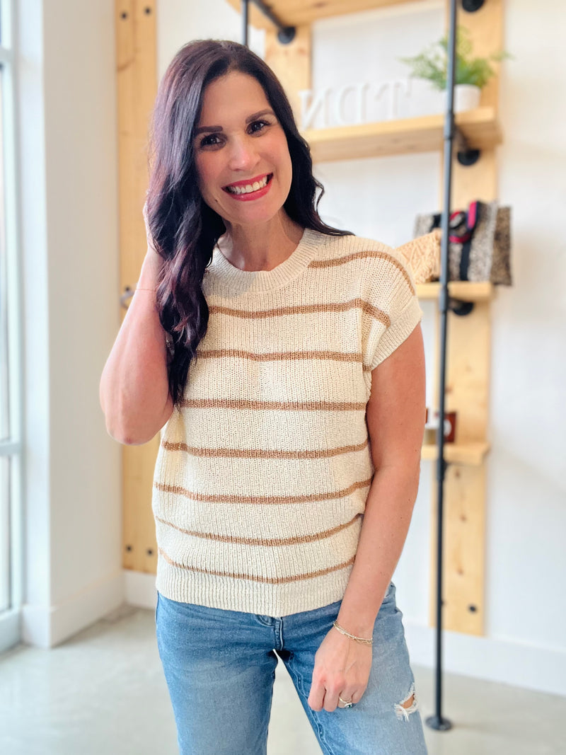 Stripe Short Sleeve Sweater in Khaki