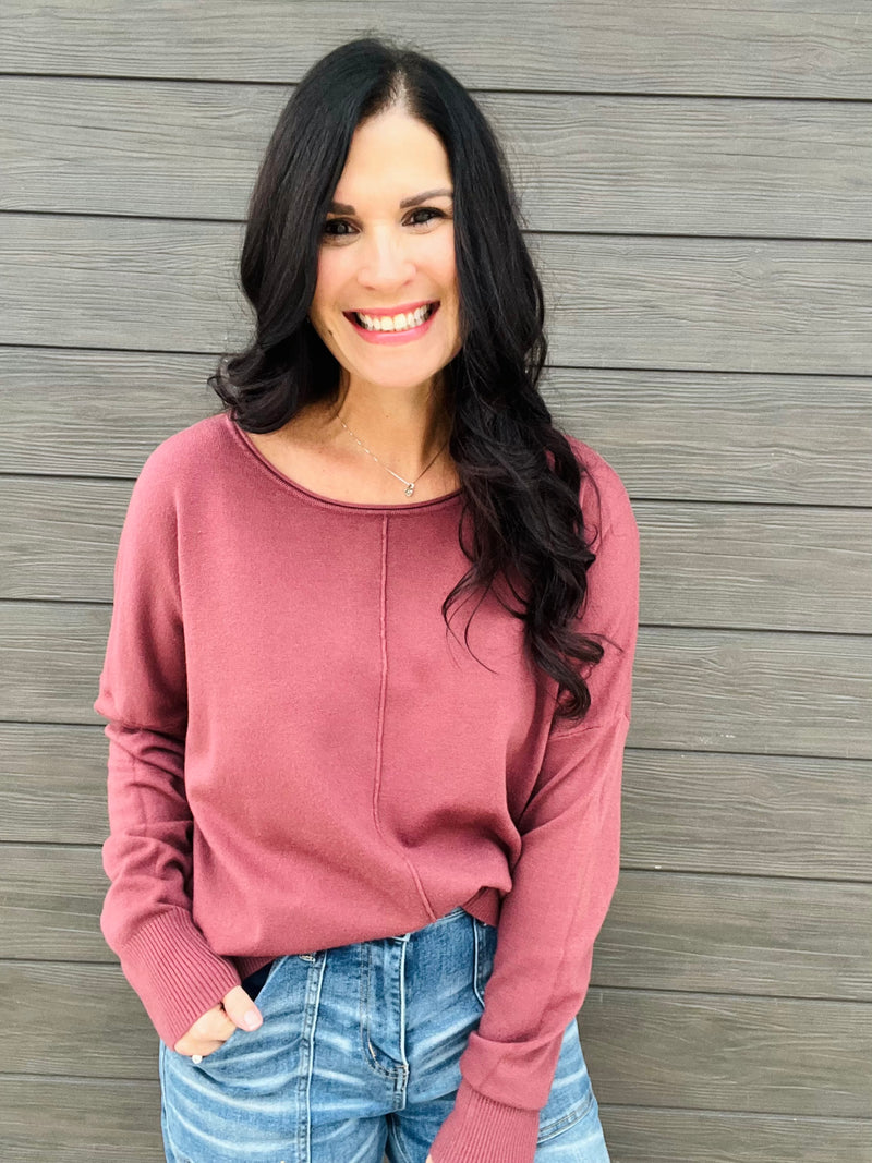 Front Seam Round Neck Pullover - Dust Plum