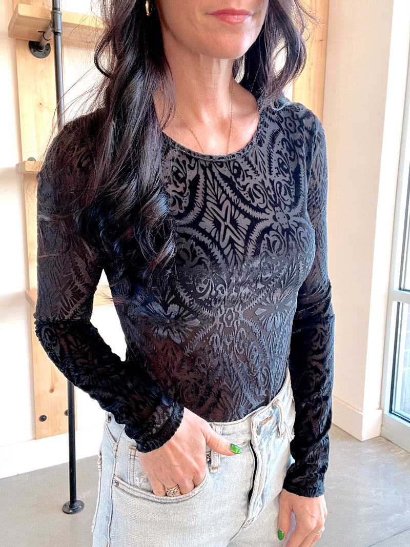 Mesh & Velvet Bodysuit in Black