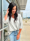 Drop Shoulder Half Sleeve Sweater - Heather Gray