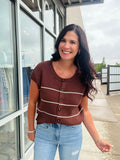 Stripe Button Down Short Sleeve Cardi - Chocolate