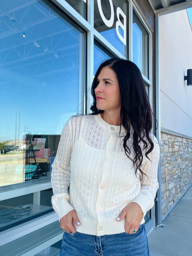 Sheer Cable Knit Button Down Cardi - Cream