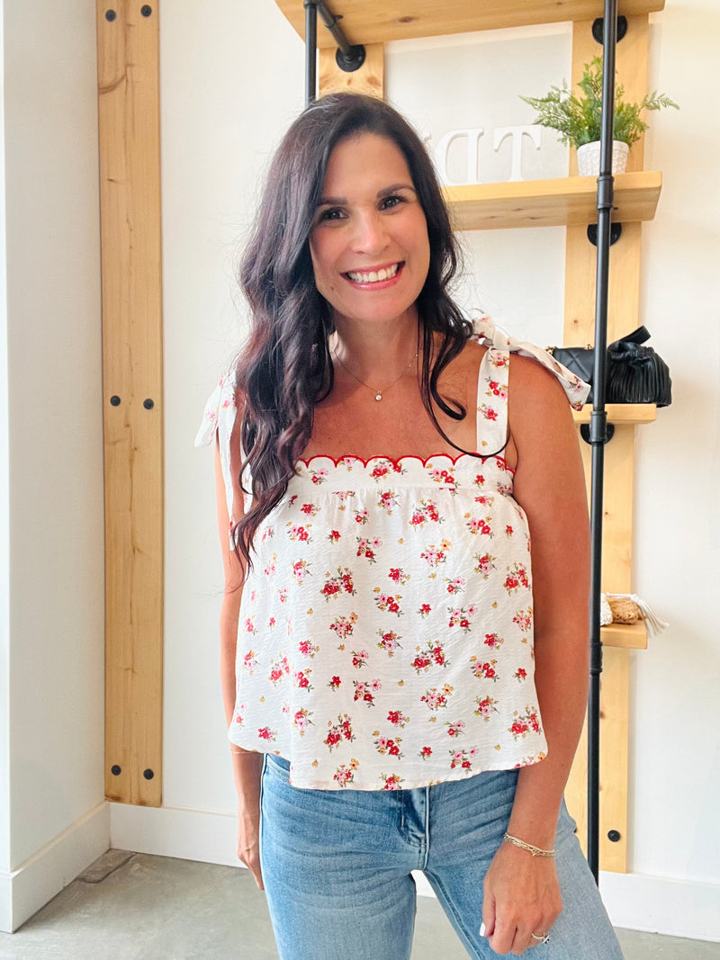 Floral Scallop Trim Tie Strap Top