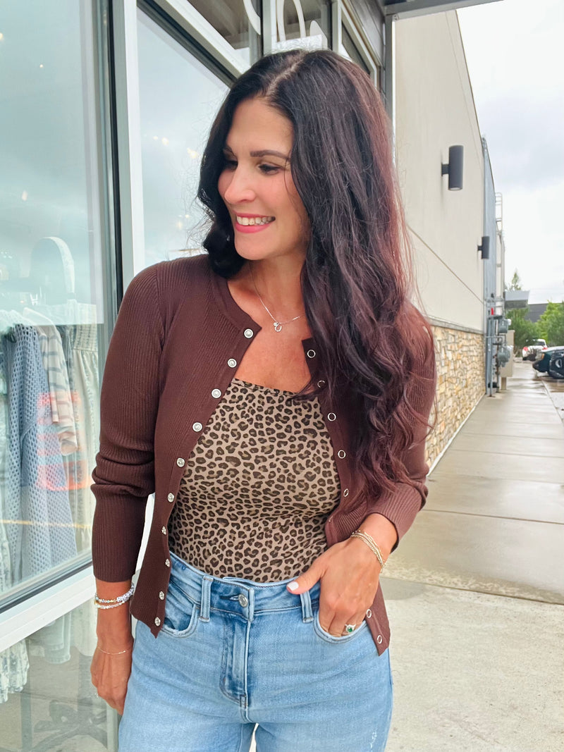 Snap Button Down Cardi - Chocolate