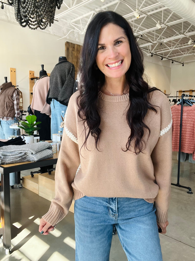 Contrast Stitch Crew Neck Sweater - Mocha
