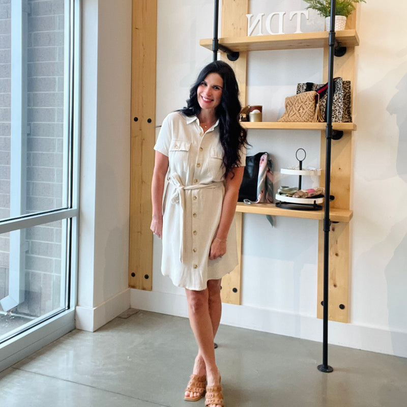 Collared Button Down Mini Dress - Natural
