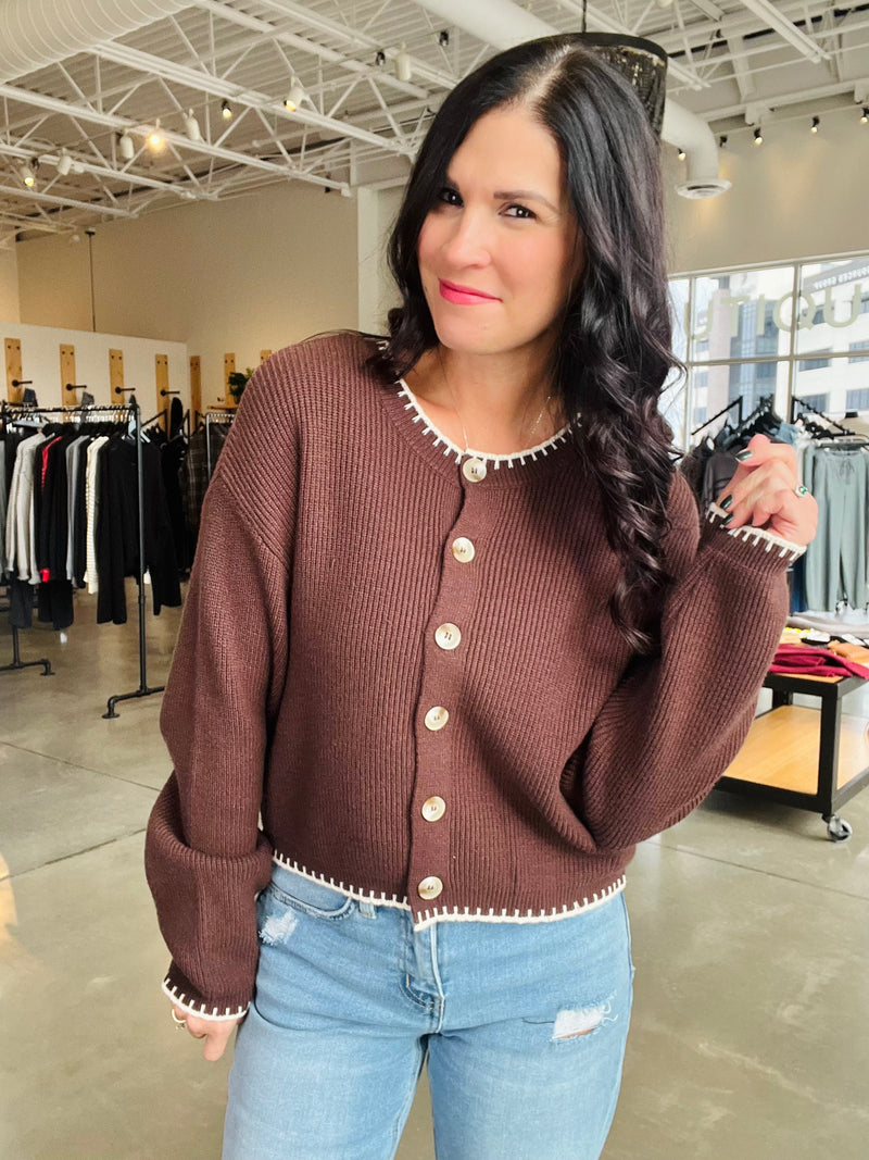 Contrast Stitch Cardi - Chocolate