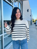 Stripe Mock Neck Drop Shoulder Sweater - Ivory/Black Stripe