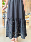 Eyelet Scalloped Hem Midi Dress - Black