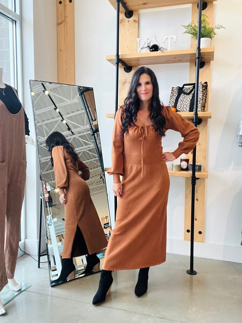 Puff Long Sleeve Dress in Camel