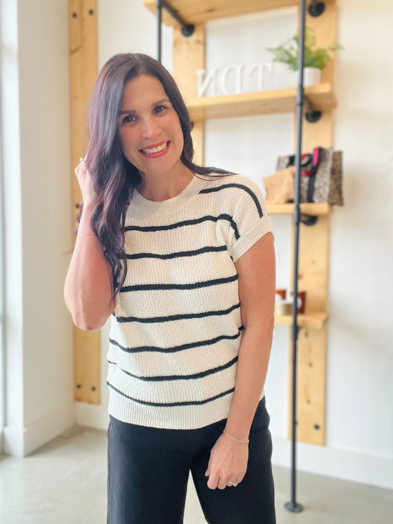 Stripe Short Sleeve Sweater in Ivory