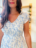 Floral V Neck Smocked Midi Dress - Blue Floral