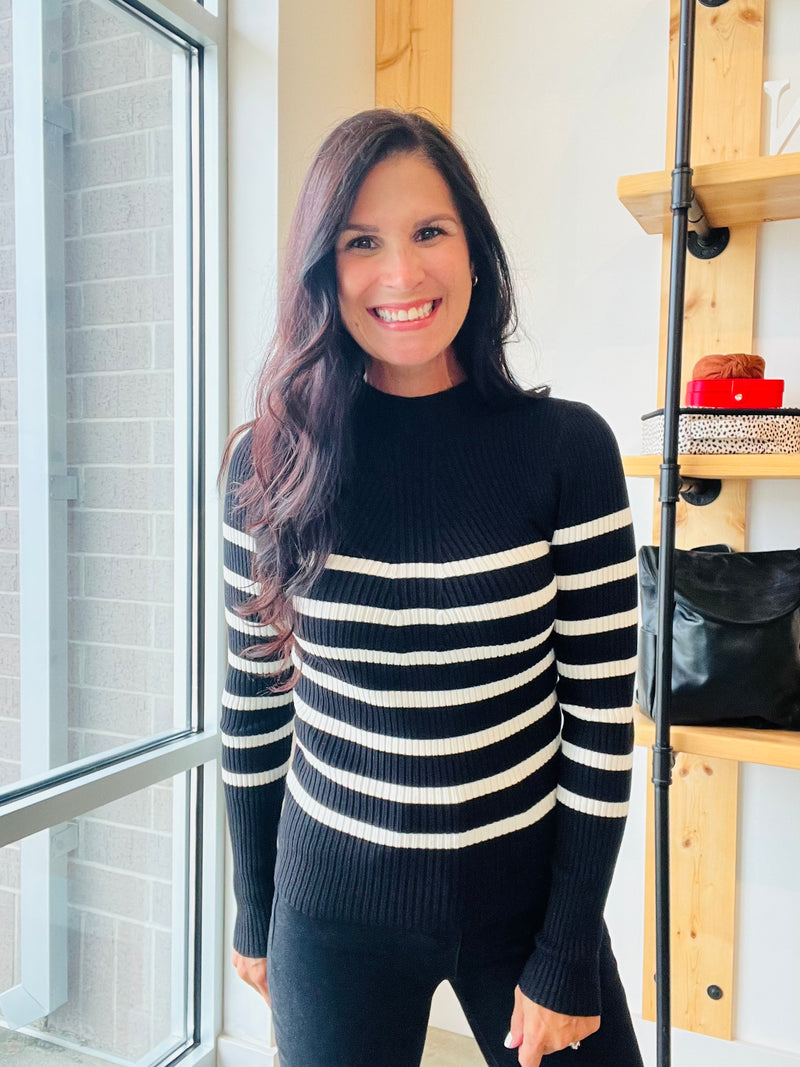 Stripe Mock Neck Sweater in Black